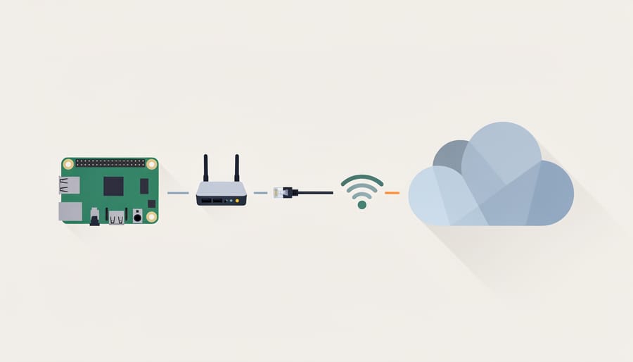 Raspberry Pi and smartphone on a desk showing connected indicator lights suggesting cloud-based API interaction.