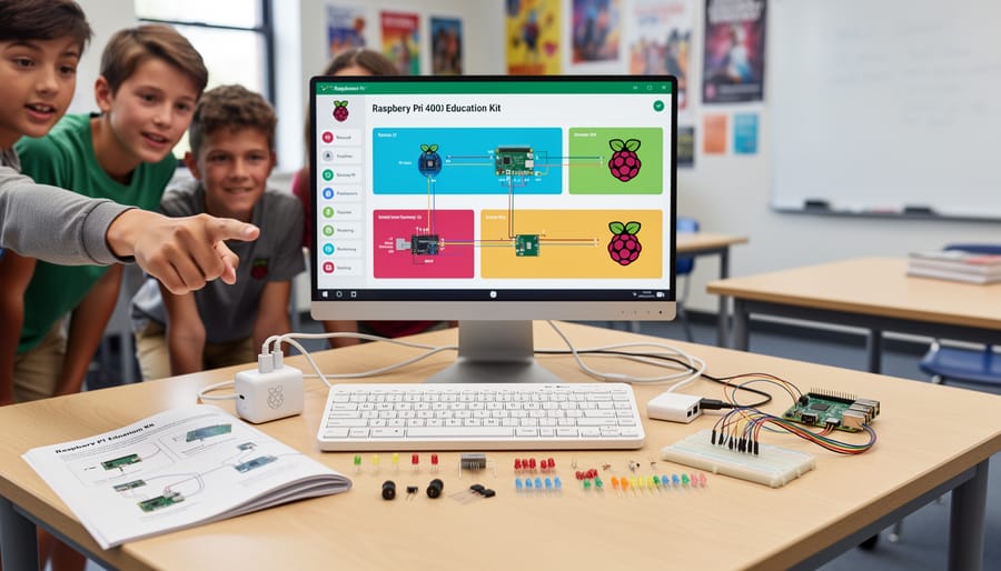 Raspberry Pi 400 Education Kit connected to a classroom monitor, keyboard, and mouse on a desk.