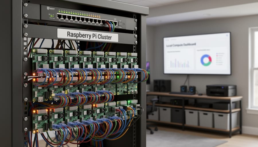 Raspberry Pi cluster installed in a small server rack with network cables and power supplies