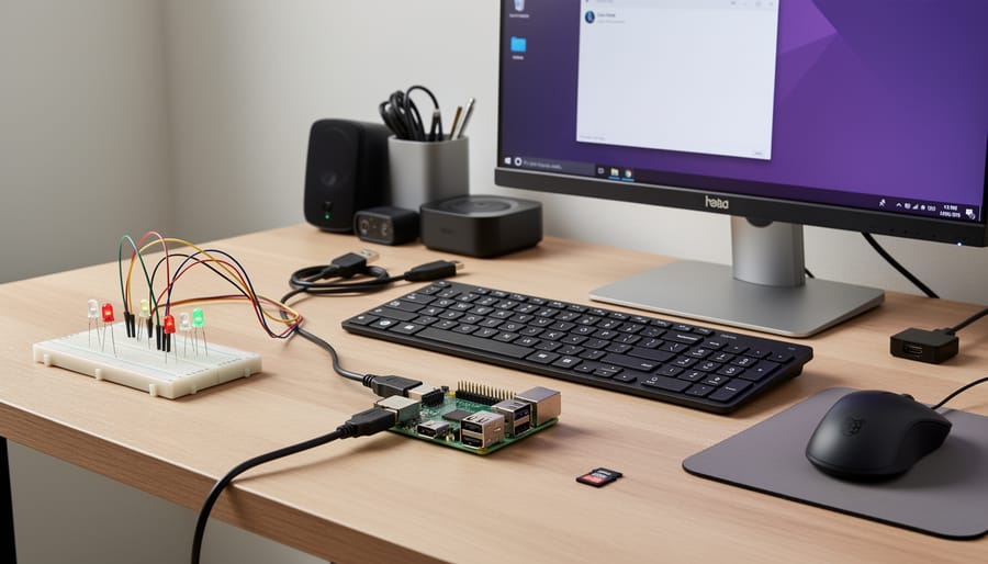 Raspberry Pi board connected to an HDMI display on a desk with keyboard and mouse nearby