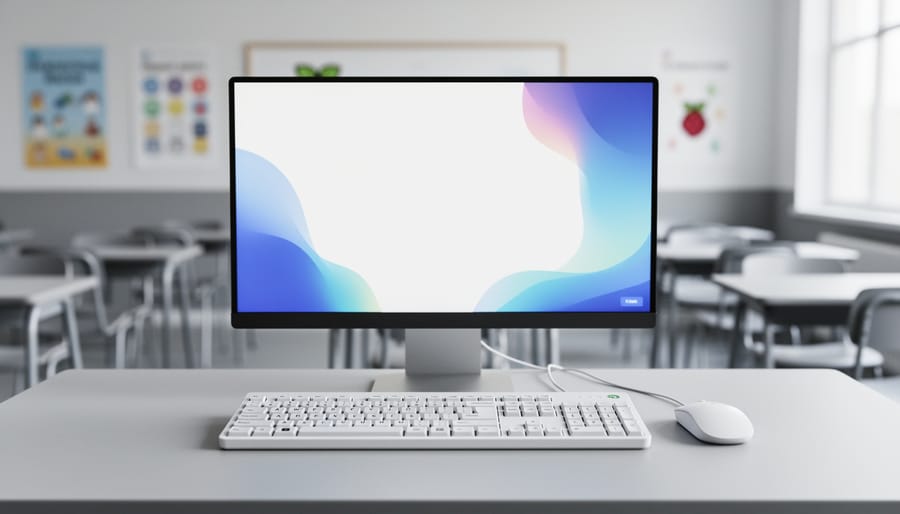 Raspberry Pi 400 education kit connected to a monitor with a mouse on a classroom desk, ready for student coding.