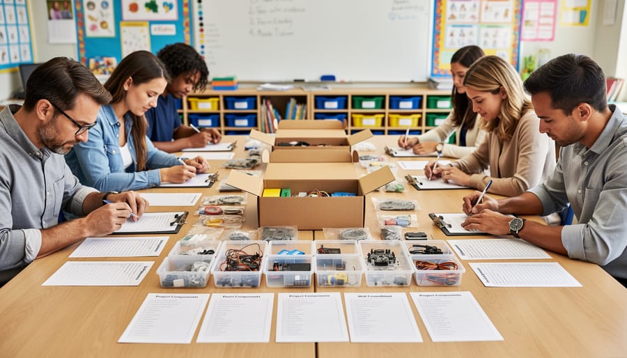 Unpacking a Raspberry Pi Education Kit on a table with components laid out and handled carefully.