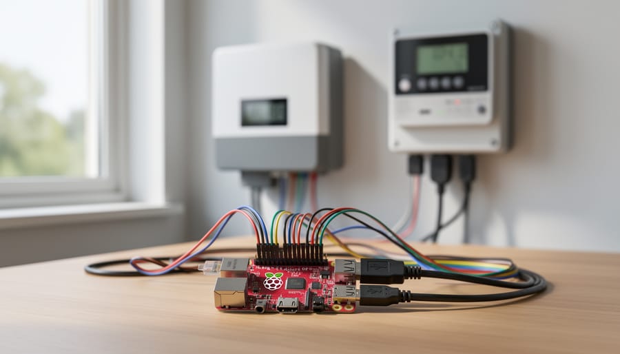 Raspberry Pi and energy monitoring hardware mounted in an enclosure with connected wiring
