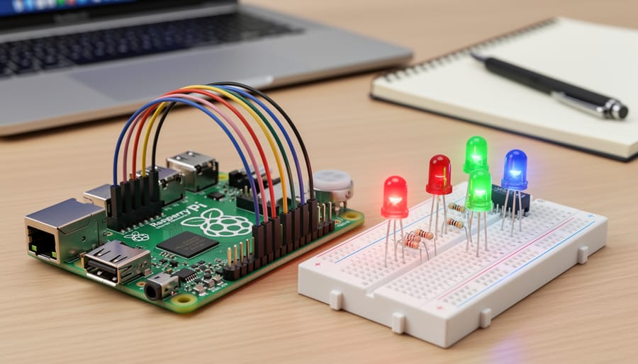 Raspberry Pi connected to a breadboard and sensors for a hands-on electronics project