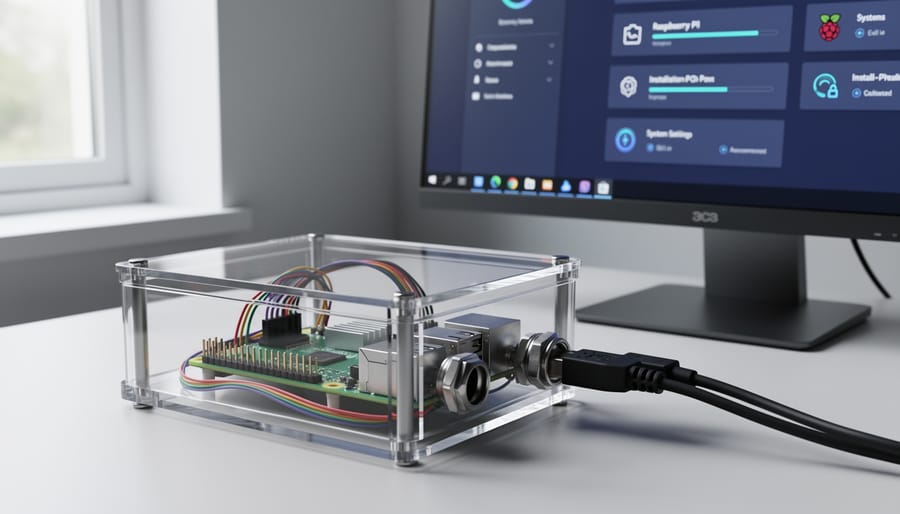 Raspberry Pi computer and connected peripherals inside a small metal project enclosure next to a monitor