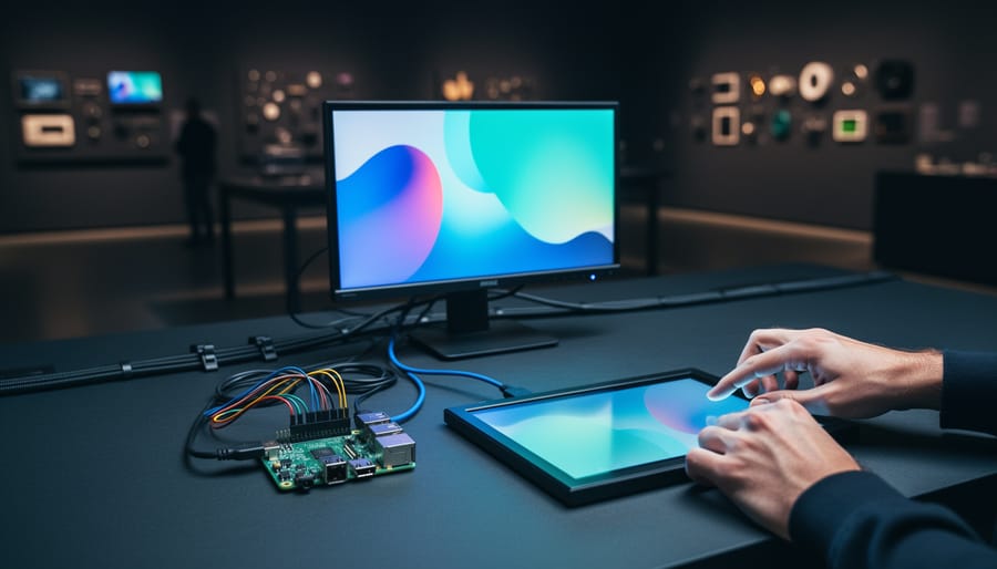 “Hands adjusting a monitor and touchscreen display connected to a Raspberry Pi in a gallery-style workshop with neatly routed cables.”