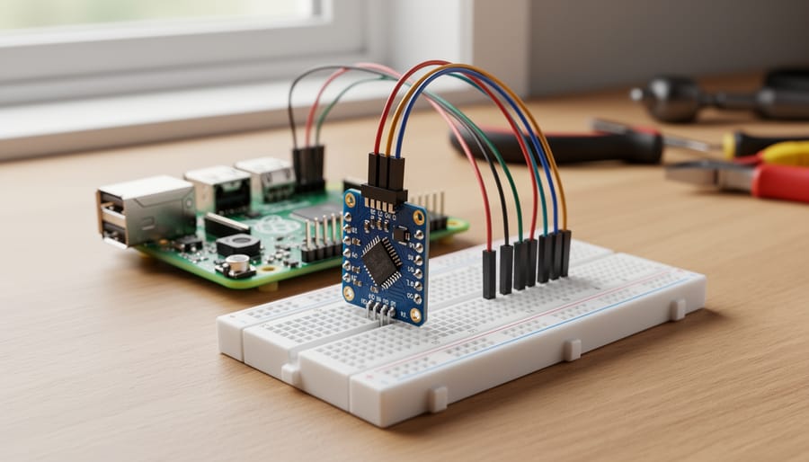 Raspberry Pi connected to a gyroscope IMU module on a breadboard in a lab setup