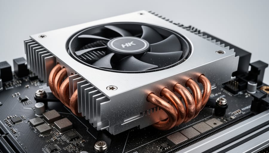 Close view of a copper heatsink and aluminum cooling fins attached to a single-board computer.