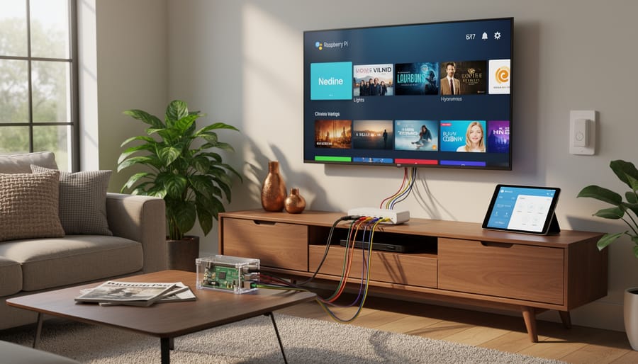 Raspberry Pi hardware next to a TV as part of a home tech project setup