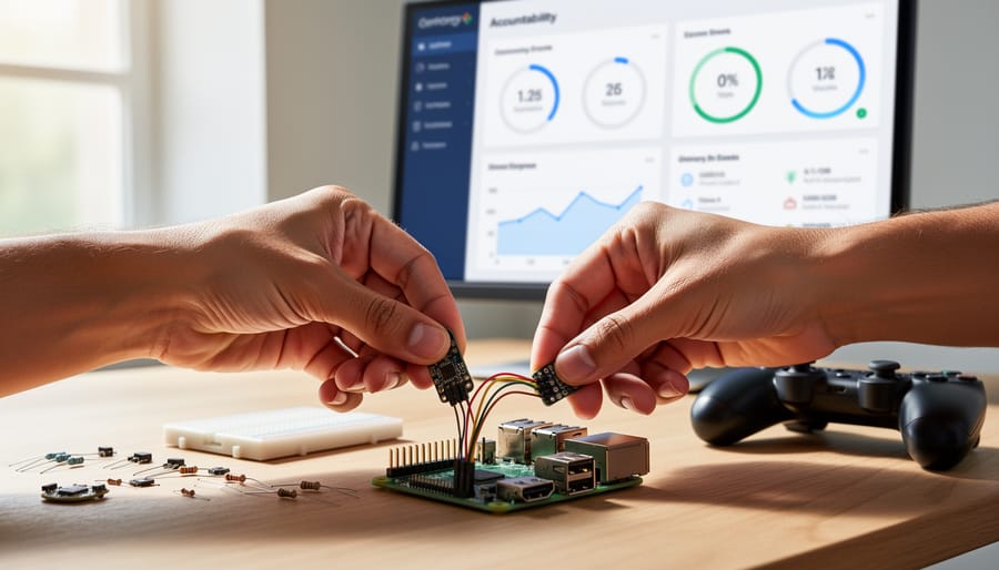 Hands assembling a Raspberry Pi and LED module with jumper wires on a workbench