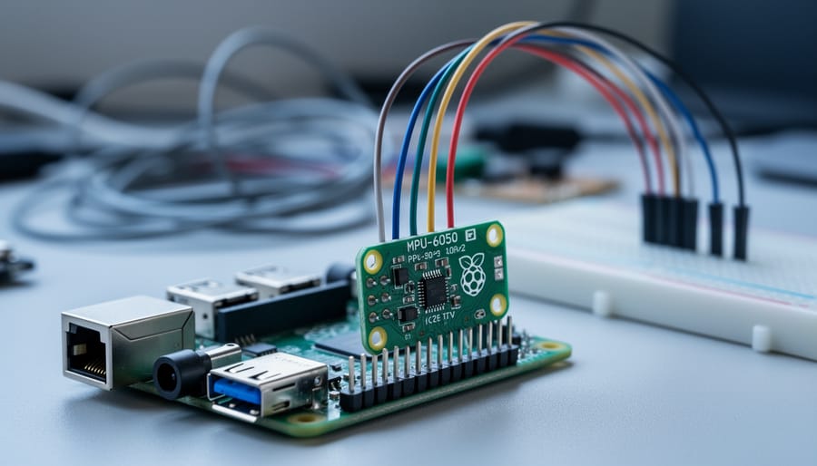 “Close-up of a Raspberry Pi connected to an MPU-6050 gyroscope sensor module with jumper wires on an electronics workbench.”