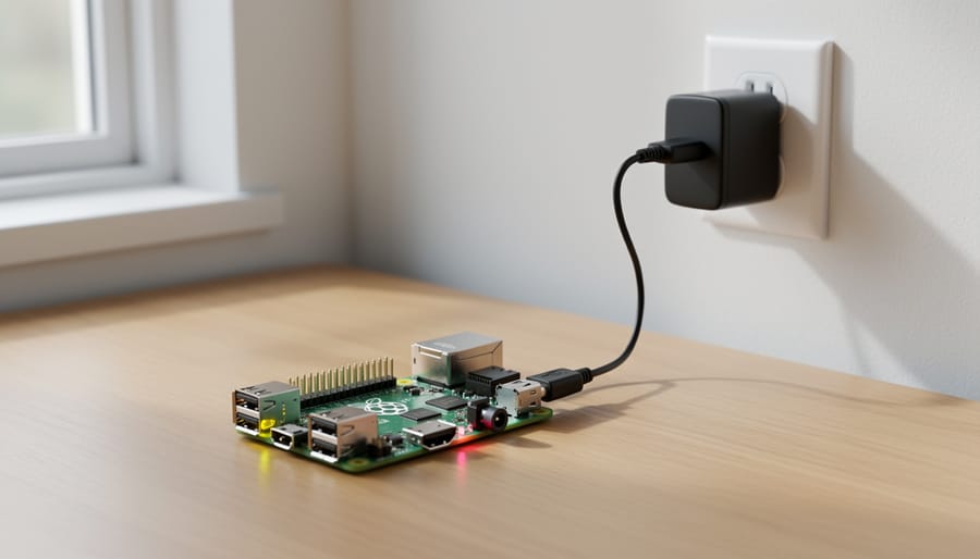 Raspberry Pi board connected to a USB power adapter cable on a workbench.
