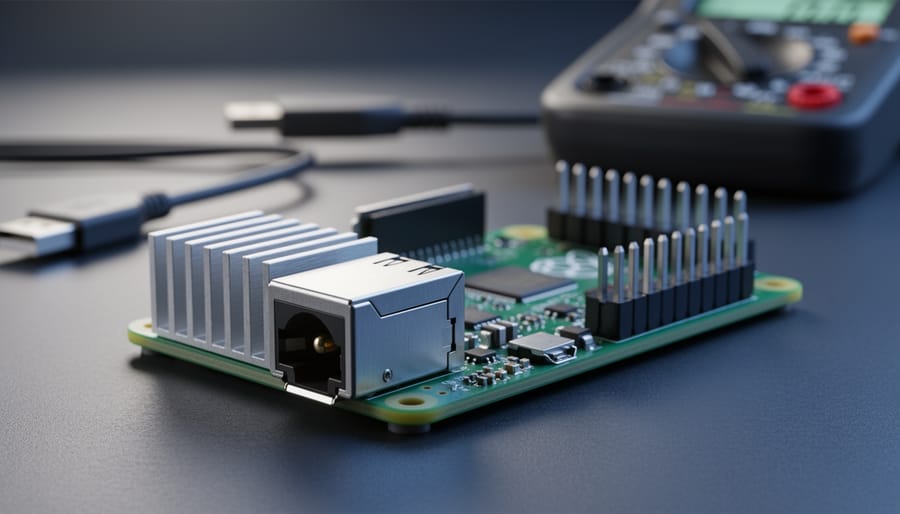 Close-up of a Raspberry Pi board with a heatsink on a workbench, highlighting power and thermal management components without any visible text.