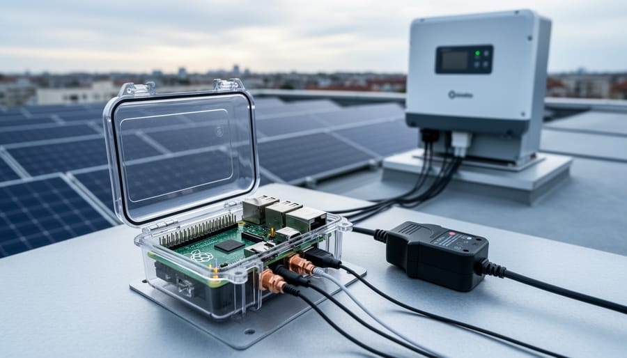 Raspberry Pi monitoring hardware connected to solar inverter wiring and a current clamp sensor on a rooftop setup.