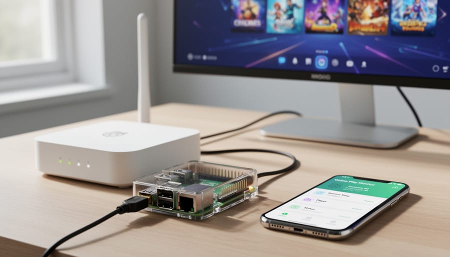 Raspberry Pi device positioned near a home router and smartphone with cables