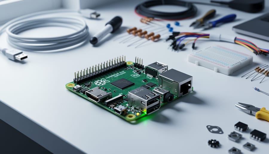 Raspberry Pi single-board computer on a workbench with its ports and GPIO header visible, maker electronics blurred in the background.