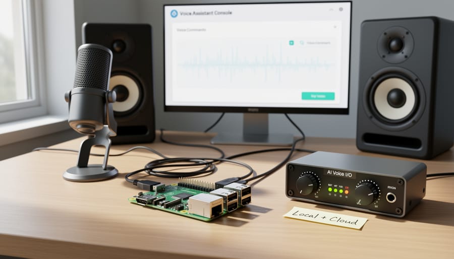 Close-up of a Raspberry Pi computer board connected to a microphone and small speaker on a maker desk.
