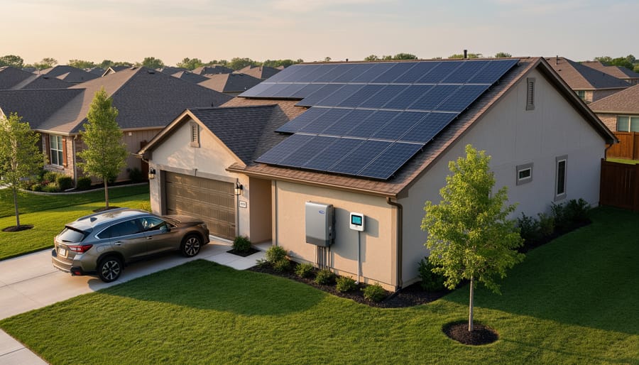 Rooftop solar panels and an inverter on a suburban U.S. home exterior