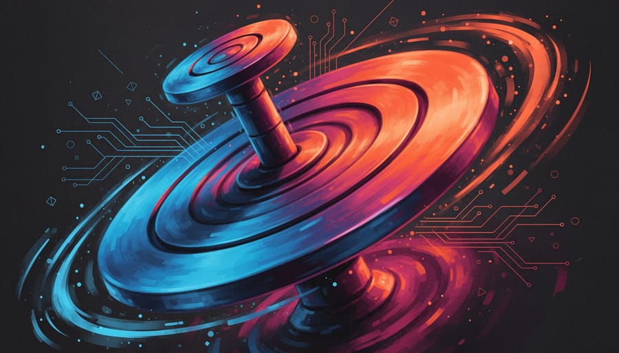 Abstract image showing rotational motion blur next to compact electronics components