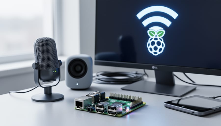 Raspberry Pi 5 on a desk with a microphone and connected devices, illustrating an AI assistant that uses cloud connectivity via API rather than running the full model locally.