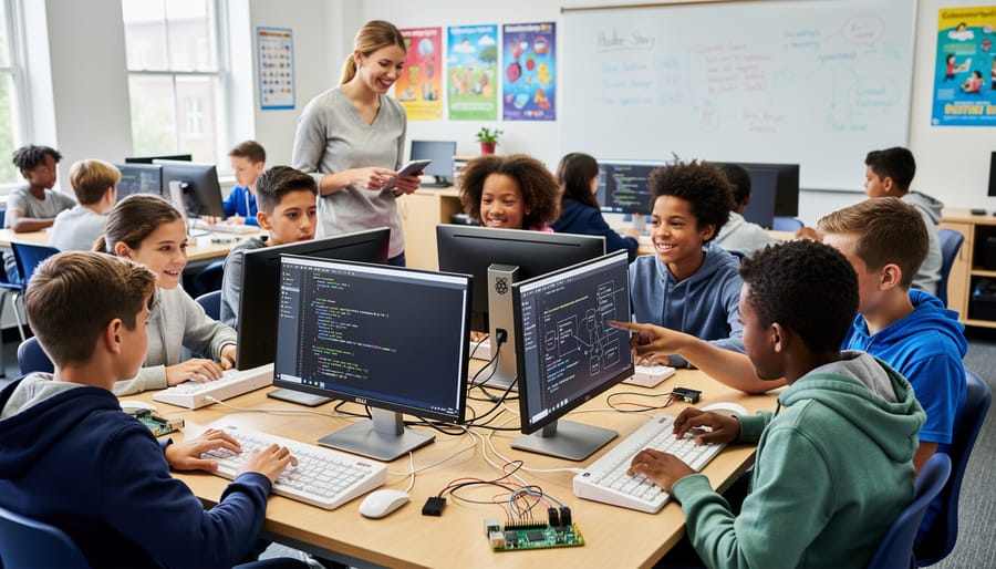 Students collaborating at desks using Raspberry Pi 400 devices in a classroom.