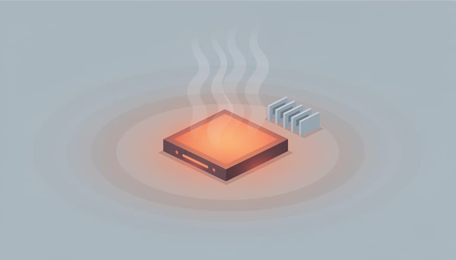 Single-board computer with warm atmospheric haze rising near the processor area to suggest overheating.
