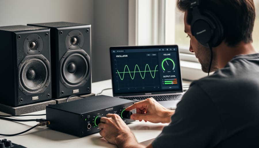 Hands adjusting the volume knob on an audio amplifier next to a Raspberry Pi