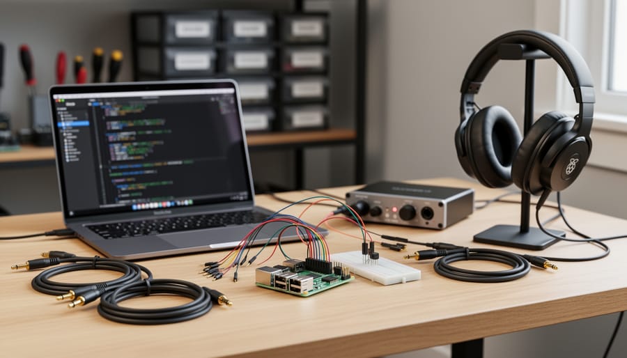 Raspberry Pi connected to an audio interface with headphones on a workbench