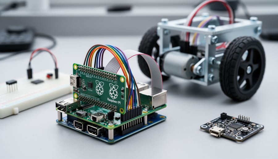 “Close-up of a Raspberry Pi connected to a robotics motor controller and GPIO wiring on a workbench, showing hardware components used for real-time robotics control.”