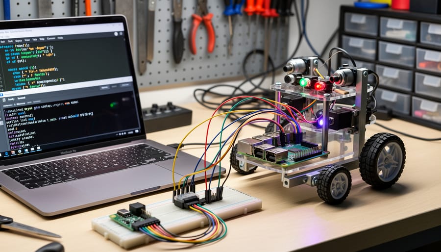 Raspberry Pi mounted in a robotics build with jumper wires connected to a motor driver and DC motor.