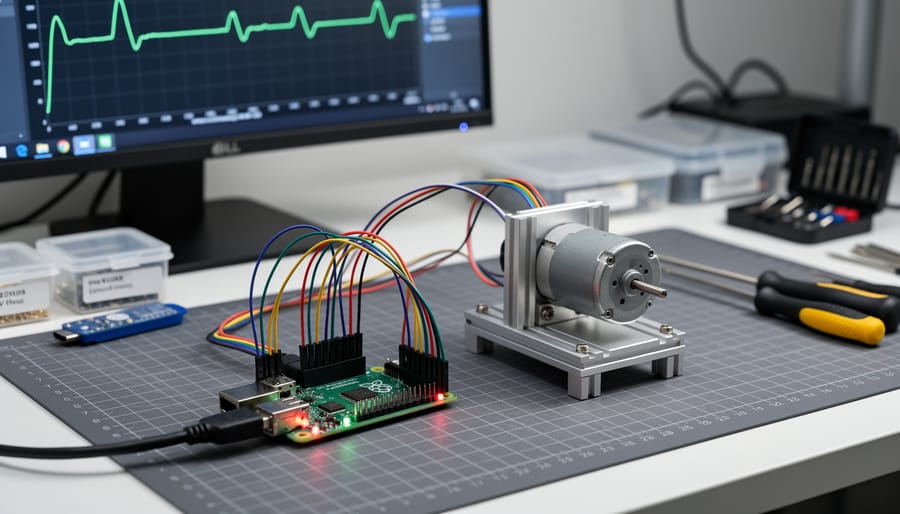 Raspberry Pi mounted on a robotics test bench controlling a spinning DC motor with connected wiring