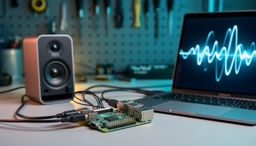 Raspberry Pi connected to a speaker with audio cables in a clean tech workspace, illustrating real-time oscillator sound generation.