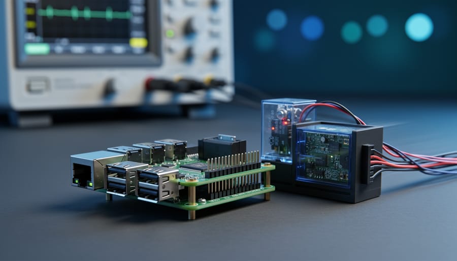 Close-up of a Raspberry Pi connected to industrial control electronics, lit with dramatic side lighting to suggest low-latency real-time performance.