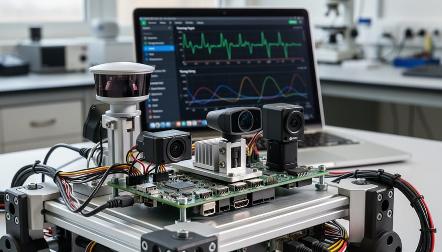 Close-up of an ultrasonic sensor and IMU module mounted on a robotics platform.