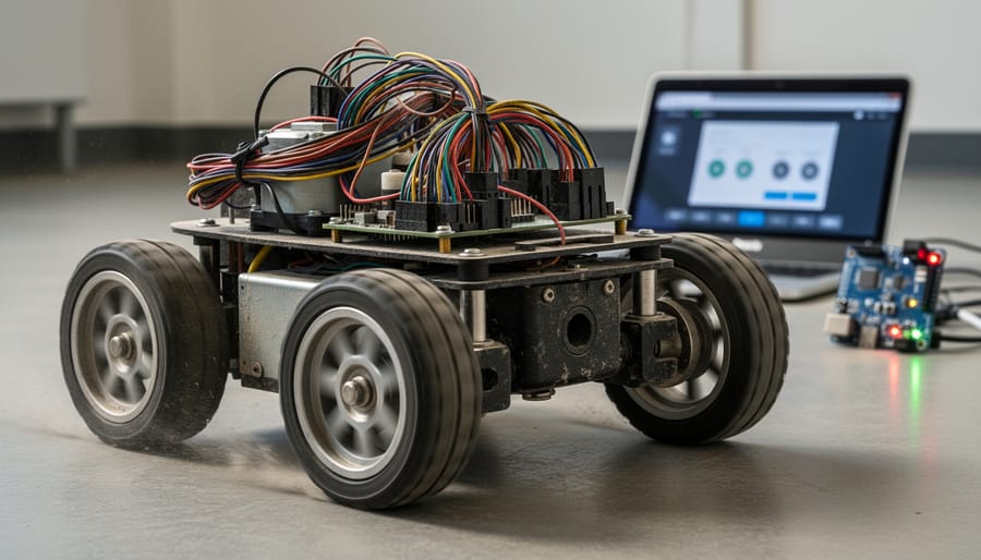 Differential-drive robot chassis on a lab bench with visible Raspberry Pi and motor wiring powering wheel movement.