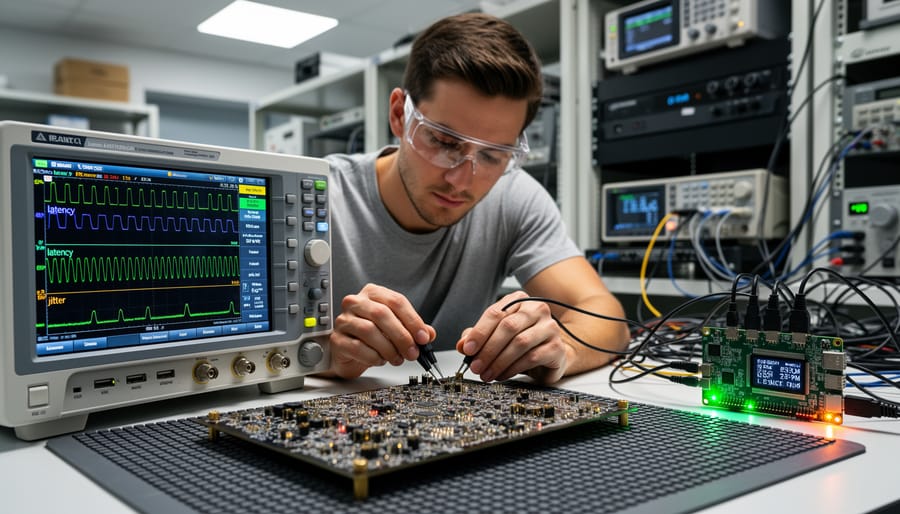 Technician adjusting a timing-critical actuator module in a lab with an oscilloscope nearby