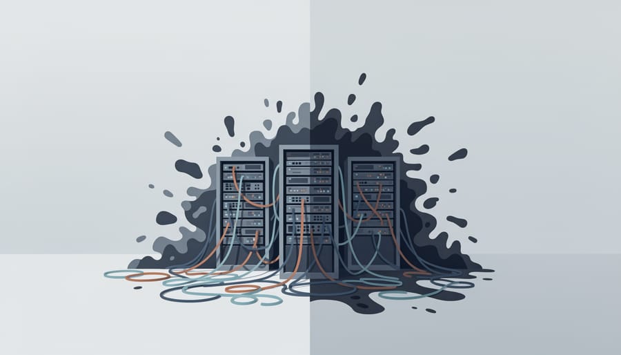 Low-angle view of a cluttered server rack with tangled cables and a cooling fan